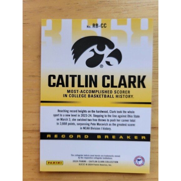 2024 Panini Caitlin Clark Collection 3668 Record Breaker Chrome #RB-CC. - Picture 2 of 2